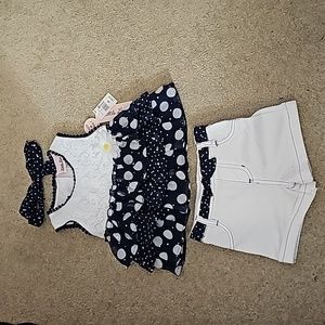 NWT 24m pockadot blue and white  flower dress with matching headband and shorts.
